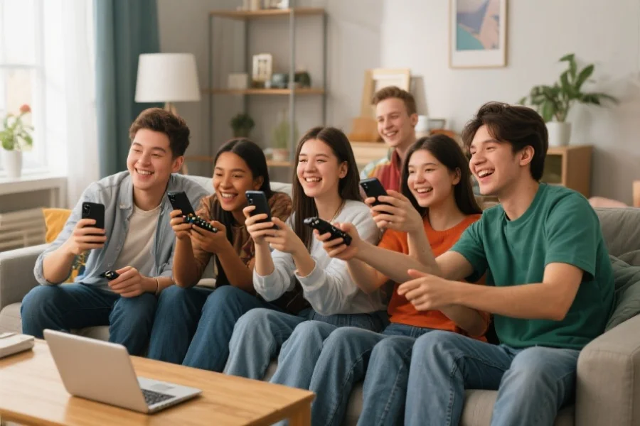 一群年轻人在家中围坐沙发，手持手机和遥控器，愉快地参与在线平台活动，氛围轻松温馨