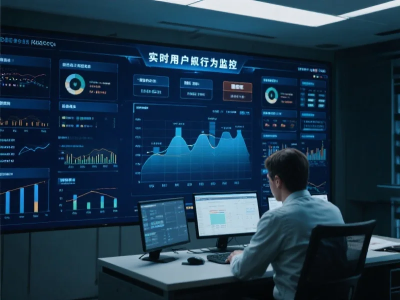 一个智能风控中心，屏幕上显示实时用户行为监控和预警提示，技术人员正在分析数据