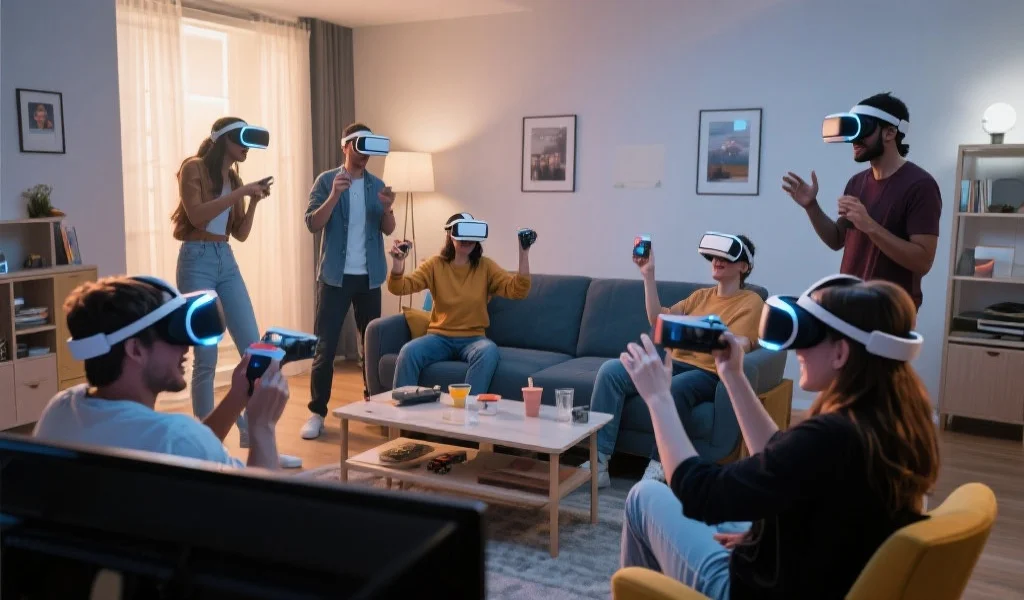 多位用户通过虚拟现实设备在家中参与在线娱乐活动，气氛轻松愉快，科技细节丰富